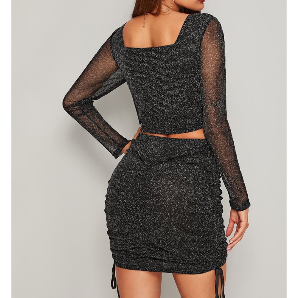 Black Silver Glitter Mesh Side Ruched 2 Piece Set - Picture 2 of 6